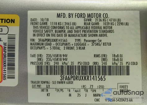 2019 Ford Fusion Hybrid Titanium from USA, damaged, VIN 3FA6P0RUXKR141565